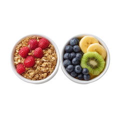 Two bowls of healthy breakfast cereal with fresh raspberries, blueberries, banana slices, kiwi slices, and granola isolated on transparent background