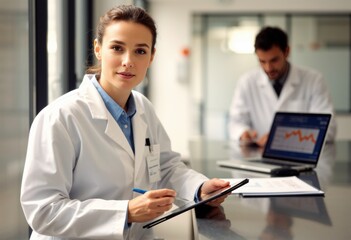 Female doctor reviews patient chart in clinical conference room