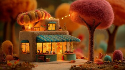 カラフルフェルトツリーと灯るミニチュアショップの幻想風景