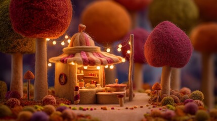 カラフルフェルトツリーと灯るミニチュアショップの幻想風景