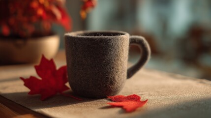 赤いメープルリーフとフェルトマグカップの秋の静物