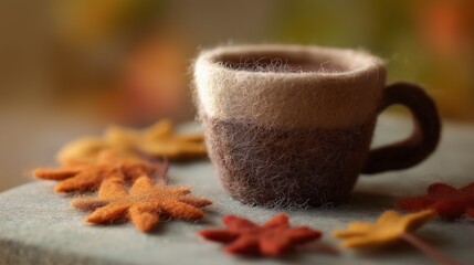 秋色フェルト葉に囲まれたツートンマグカップ