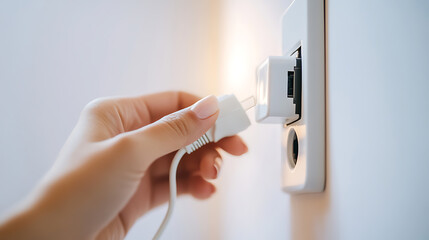 Naklejka premium Hand pulling a white electrical plug from a wall socket. Focus on the action of disconnecting and the bright, clean aesthetic.