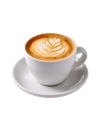 Naklejka premium A white cup of latte with beautiful foam art on a saucer, isolated on transparent background