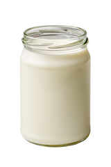 A glass jar filled with creamy white yogurt, isolated on transparent background