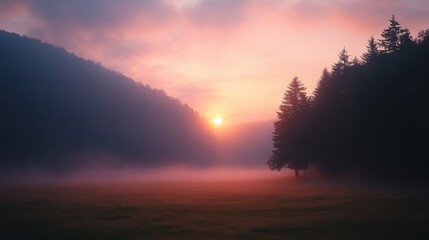 Sunrise in Foggy Valley with Silhouette Trees