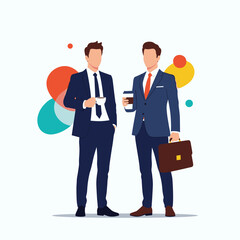 Two businessmen in suits discussing business matters over coffee.