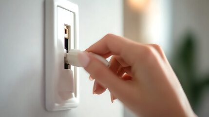 Connecting a USB cable to a wall outlet. Hand plugging in a USB adapter. Focus on modern technology and home connectivity solutions.