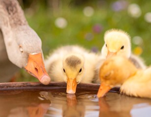 Three adorable ducklings and a goose drinking water from a birdbath in a garden