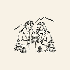 Minimalist Christmas vector illustration in hand-drawn line art style. Festive design for cards, posters, prints, and modern holiday greetings.