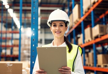 Female engineer in hard hat reviews charts in a bright warehouse