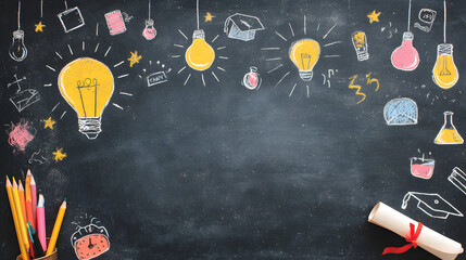 Back to School Chalkboard with Lightbulbs and Graduation Cap