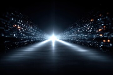 Abstract Digital Data Stream Tunnel With Glowing Blue Binary Code Lights Moving Towards Bright White Center Light Source Over Dark Reflective Surface Futuristic Technology Concept