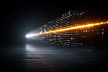 Abstract Digital Data Stream With Glowing Orange Light Effect And Binary Code In Dark Futuristic Tunnel