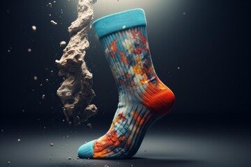 Tie dye sock resisting an explosion of dust and rocks in a dark environment