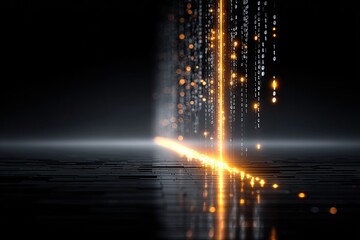 Abstract Digital Data Stream with Orange Glow and Binary Code Particles on Dark Reflective Surface