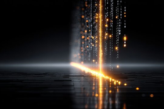 Abstract Digital Data Stream with Orange Glow and Binary Code Particles on Dark Reflective Surface