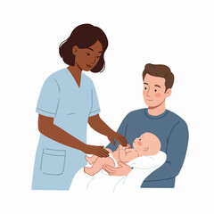 Obraz premium Nurse attending to a newborn baby held by a caring father, illustrating professional infant care and family support.