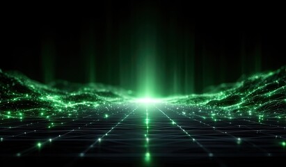 Abstract Digital Landscape With Green Glowing Particles And Light Rays On A Dark Grid Background