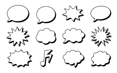 A set of black and white speech bubbles isolated on white background, showcasing various shapes and styles, including cloudlike forms, starbursts, and a musical note