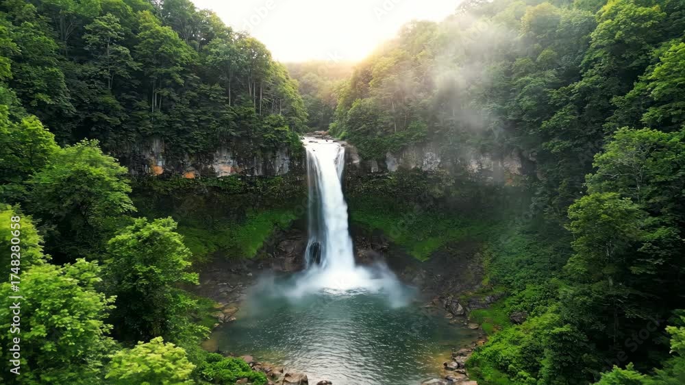 Canvas Prints descending drone shot revealing a pristine waterfall cascading through a dense green forest on a mis