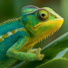 Colorful Chameleon Portrait on Green Leaf Background