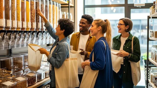 A happy, diverse group of friends laugh while shopping together at a modern zero-waste store, filling reusable bags from bulk dispensers