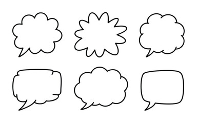A collection of six speech bubbles isolated on white background, each with a unique shape and design, offering a variety of options for representing dialogue or thoughts in visual media