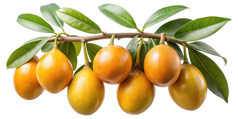 Cluster of ripe golden oval fruits hanging from a branch with green leaves isolated on transparent background