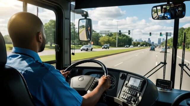 Bus driver driving on the road with city skyline in the background video Generative AI