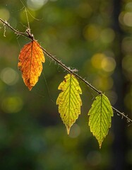 Three autumn leaves hanging on a branch