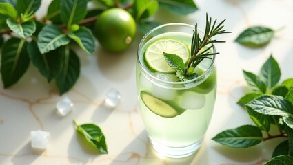 Fototapeta premium Refreshing Lime and Mint Summer Drink – Cold Citrus Beverage with Ice and Fresh Herbs