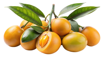 A cluster of ripe marian plums with green leaves showcasing their vibrant orange hue isolated on transparent background