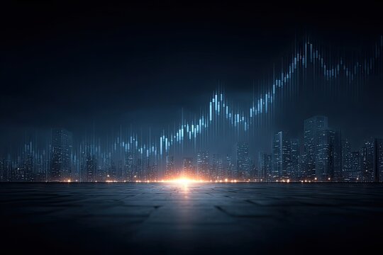 Abstract Digital Stock Market Growth Chart With Blue Trading Bar Graphs Above Glowing Futuristic City Skyline At Night With Dramatic Lighting