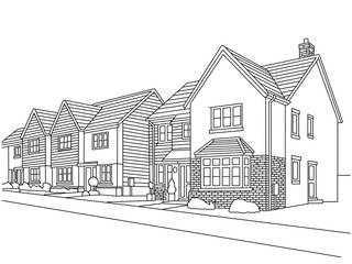Hand-drawn line of row of english terraced houses, Row of typical english terraced houses next to each other,Vector illustration UK houses row