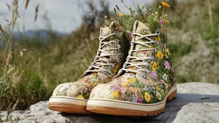 Colorful wildflowers grow from a pair of worn shoes resting on a sunny stone in nature's vibrant landscape