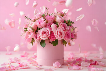 Fototapeta premium a bouquet of soft pink flowers in a box on a light background