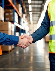 Business partners shake hands in a modern warehouse setting.