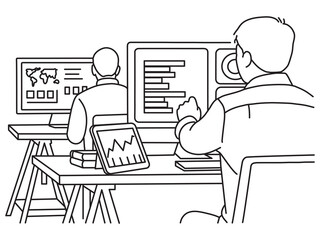 Hand-drawn line of analyst viewing financial market data on a screen computer,Vector illustration financial expert reviews market projections and investment strategies on computer
