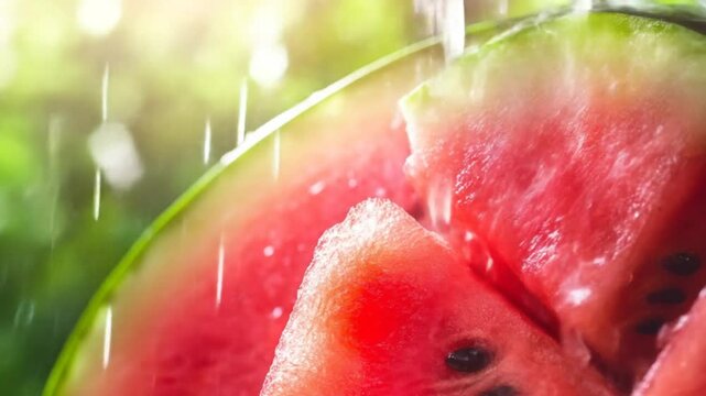 Close up of juicy watermelon slices with refreshing water droplets