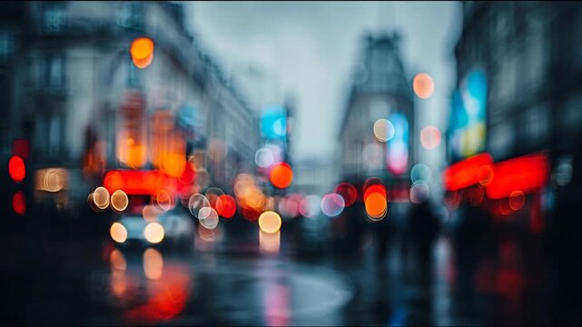 Atmospheric city street at night with beautiful bokeh effect. Blurred urban scene with colorful lights reflecting on wet pavement after rain.