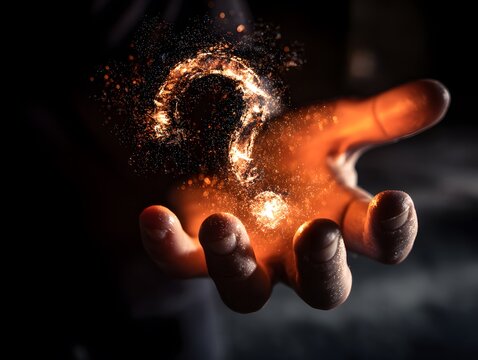 Digital Question Mark Floating Above a Glowing Hand in the Dark, unknown, solution