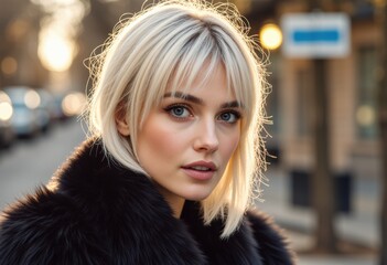 Obraz premium Blonde woman in fur coat walking city street at golden hour