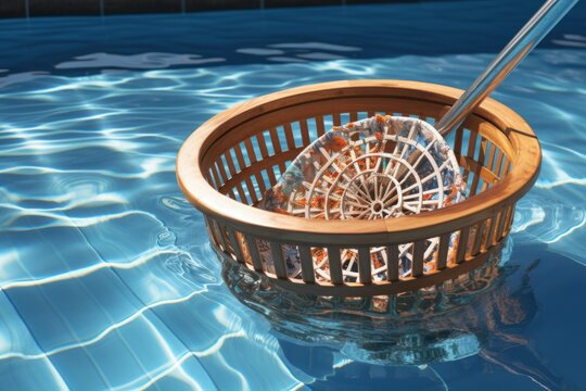Wooden pool skimmer basket floating on a clear blue water surface, collecting debris and leaves