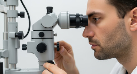 Optometrist examining patient's eyesight using advanced slit lamp biomicroscope in modern clinical setting for vision assessment
