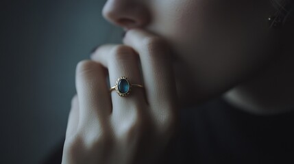 Womans hand wearing a ring close up