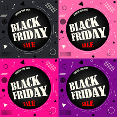 A vibrant collection of four modern Black Friday sale banners in different color variations black, pink, magenta, and purple. Each design features a bold circular layout with geometric elements, clean