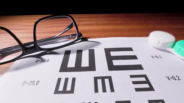 Eyeglasses on Table Beside Eye Chart for Optometry Examination 11