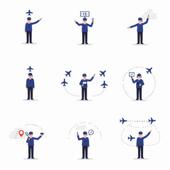Aviation Management and Air Traffic Control Operations: Flat Design Illustrations of Airport Personnel Directing Aircraft, Monitoring Flights, and Ensuring Smooth Logistics.