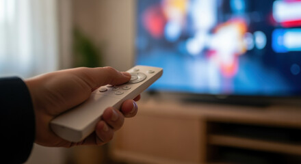 Hand holding smart remote control pointed at modern television in living room with blurred streaming entertainment screen